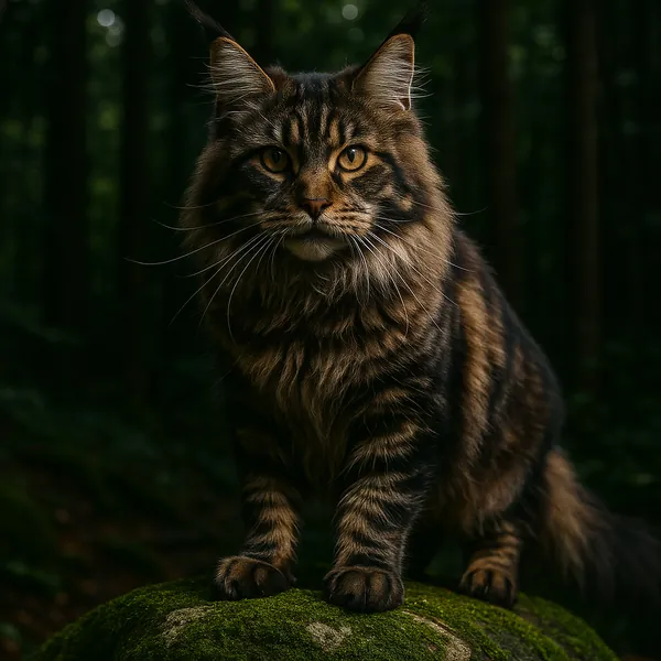 Discover a puzzle with a majestic long-haired tabby cat perched on a mossy rock in a shadowy forest.