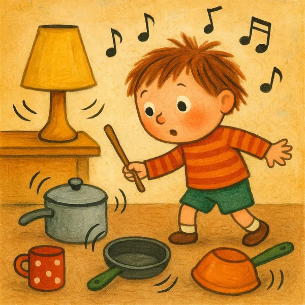 Enjoy an online jigsaw puzzle designed for browser play, featuring a playful indoor scene of a child making music with pots and pans — a cozy mix of kids and ho