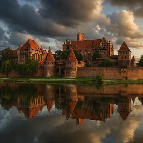 Discover a puzzle with a dramatic medieval castle silhouetted against a brooding sunset sky, its warm terracotta roofs and stone walls mirrored perfectly in cal