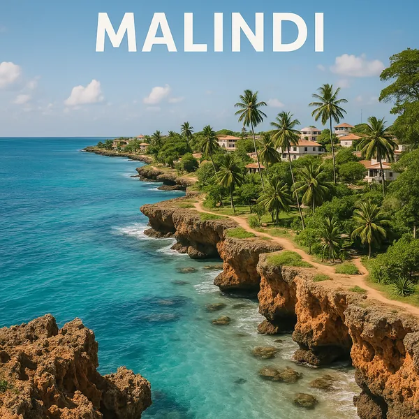 Discover a puzzle with the sunlit Malindi coastline stretching along turquoise waters and rugged coral cliffs.