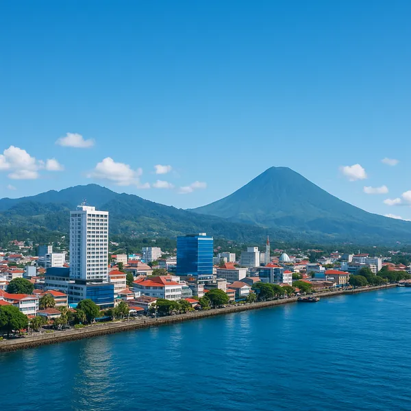Discover a puzzle with a sunlit coastal cityscape framed by deep blue water and a striking, conical mountain rising gently in the background.