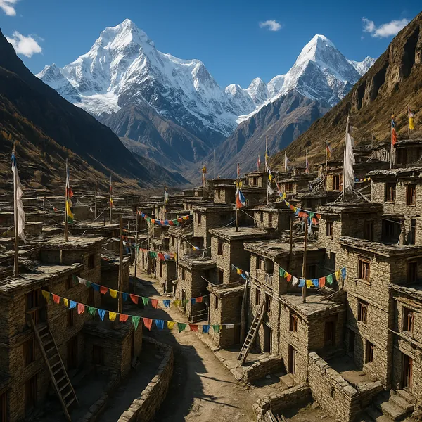 Enjoy assembling a puzzle depicting a sunlit mountain village with warm stone houses, fluttering multicolored prayer flags, and towering snow-capped peaks under