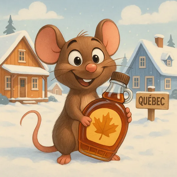 Enjoy assembling a puzzle depicting a cheerful cartoon mouse holding a bottle of maple syrup with a maple-leaf label in a snowy Quebec village.