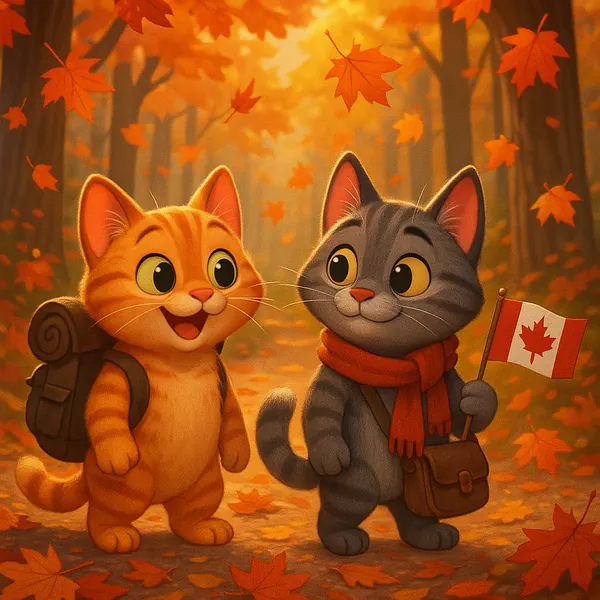 Discover a puzzle with two adorable cartoon cats strolling through a golden autumn forest.