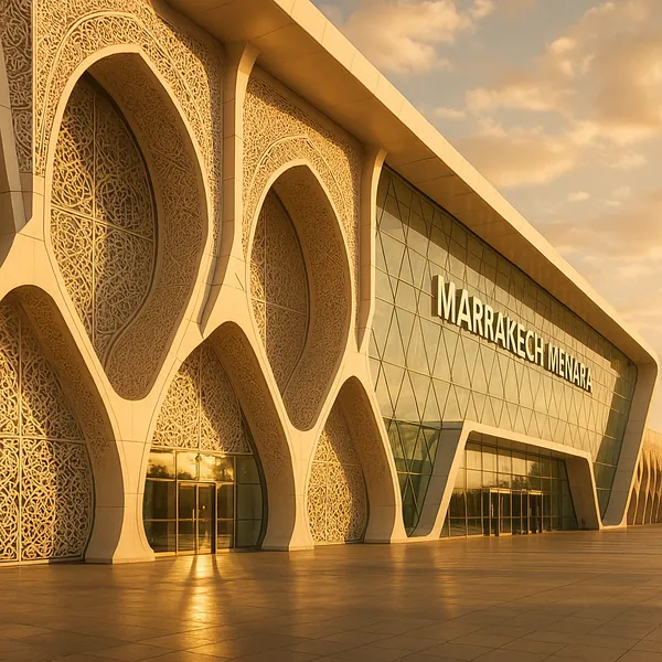 Enjoy assembling a puzzle depicting the sunlit façade of Marrakech Menara, where graceful arched patterns and intricate latticework meet a sleek glass wall unde