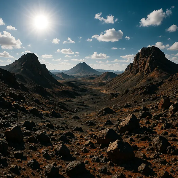 Discover a puzzle with a sunlit mountain valley: a wide, rocky landscape framed by rugged peaks and a distant conical mountain under a bright blue sky dotted wi