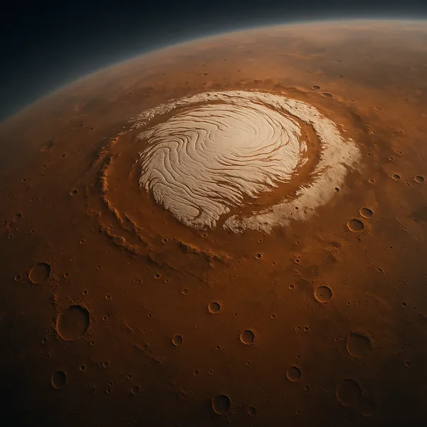 Discover a puzzle with a sweeping view of a planet's polar ice cap set within a rust-colored, cratered landscape.