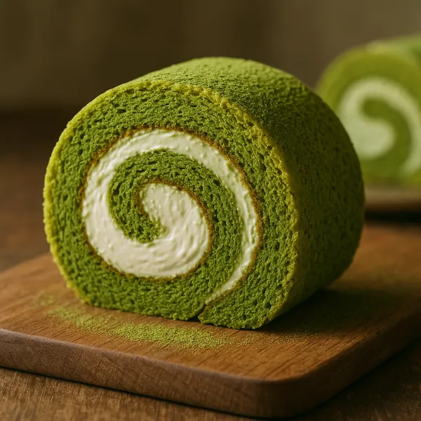 Discover a puzzle with a close-up of a vibrant matcha Swiss roll, its bright green sponge spiraling around a silky white cream center on a warm wooden board.