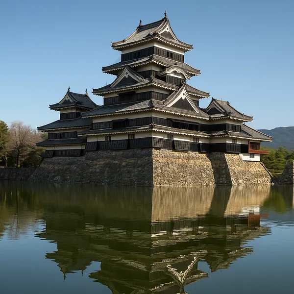 Discover a puzzle with a classic Japanese castle rising on a stone foundation, its layered black-and-white eaves and graceful rooftops mirrored perfectly in a c