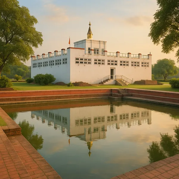 Enjoy assembling a puzzle depicting a serene white shrine-like building with a golden spire reflected perfectly in a calm rectangular pool.