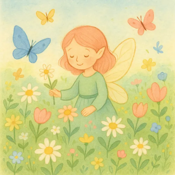 Enjoy assembling a puzzle depicting a sweet pastel fairy in a sunlit flower meadow, surrounded by daisies, tulips, and gentle butterflies.
