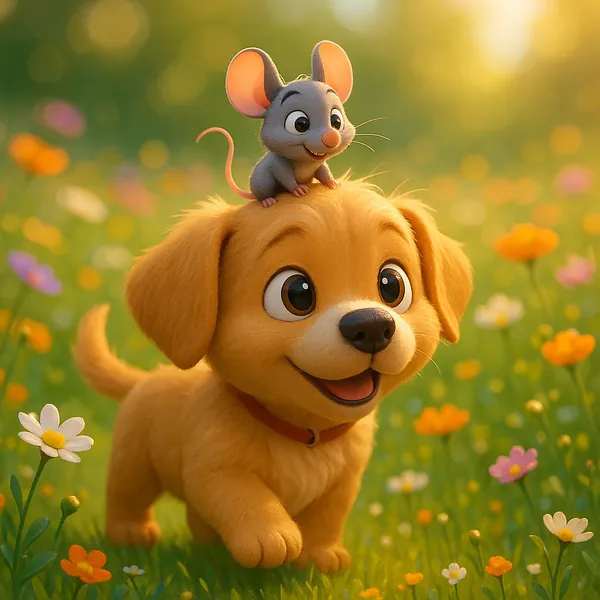 Discover a puzzle with a cheerful golden puppy and a tiny gray mouse friend perched on its head, available on PuzzleFree.Game.