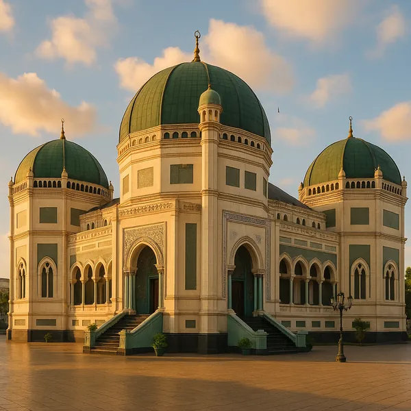 Discover a puzzle with a stunning domed building featuring three large green cupolas and elegant cream-and-sage façades.
