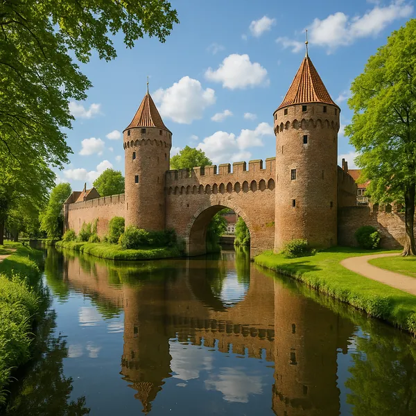 Discover a puzzle with a sunlit medieval brick castle and arched bridge mirrored in a calm moat.