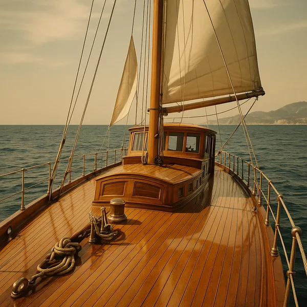 Discover a puzzle with a polished wooden sailboat cutting gently through calm blue waters, its warm teak deck and billowing cream sails glowing in soft, golden