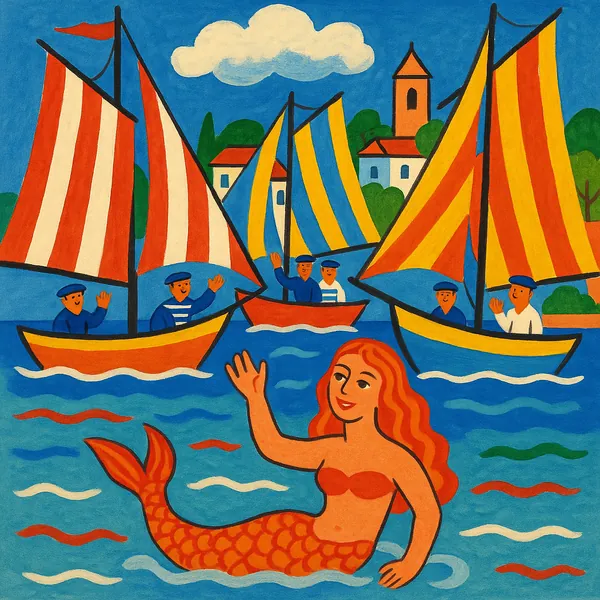 Discover a puzzle with a cheerful seaside scene featuring a friendly mermaid waving from bright blue waters while striped sailboats glide past a sunlit coastal