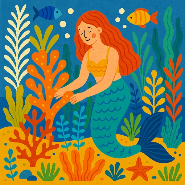 Enjoy assembling a puzzle depicting a whimsical mermaid tending a vibrant coral garden beneath the sea.