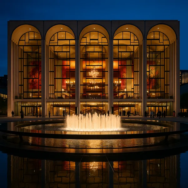 Discover a puzzle with a majestic, illuminated theater façade and a glowing fountain set against a deep twilight sky.