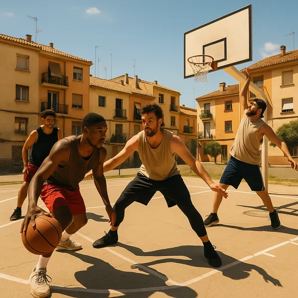 Play an online jigsaw puzzle in your browser that shows a lively outdoor basketball game, perfect for sports and street-scene fans.