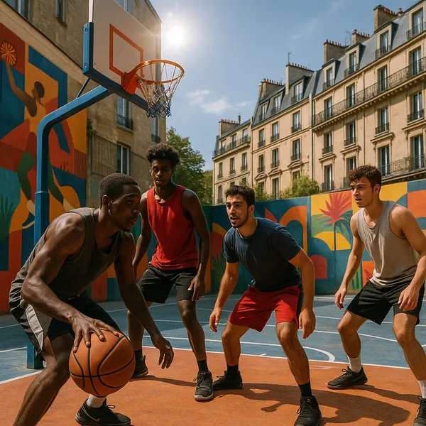 Play an online jigsaw puzzle in your browser that shows a lively urban basketball scene, centered on friends competing on a colorful city court.