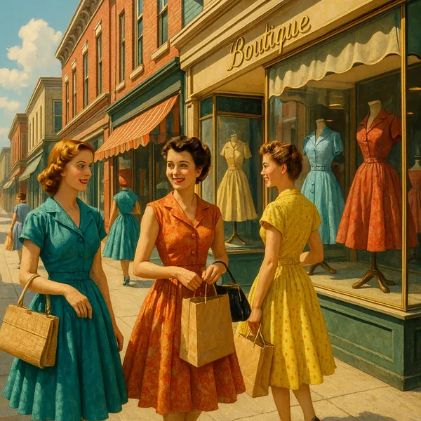 Discover a puzzle with a charming vintage street scene on PuzzleFree.Game, showing three stylish women in brightly colored 1950s dresses window-shopping outside