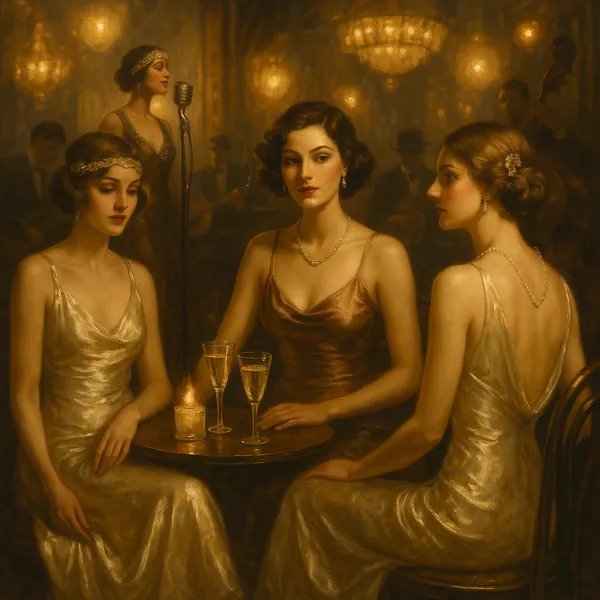 Enjoy assembling a puzzle depicting three elegant women in satin gowns gathered at a small candlelit table in a vintage jazz club.