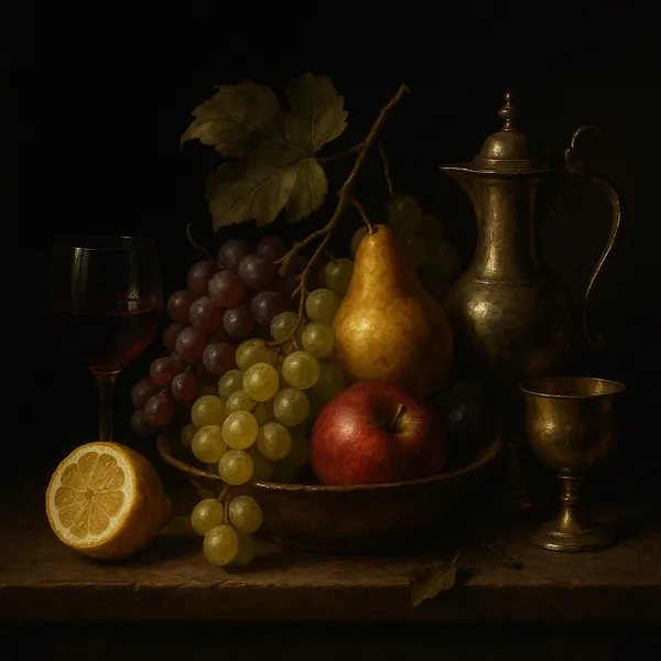 Discover a puzzle with a classic still-life arrangement: ripe green and purple grapes, a golden pear, a red apple, a halved lemon, a glass of red wine and antiq