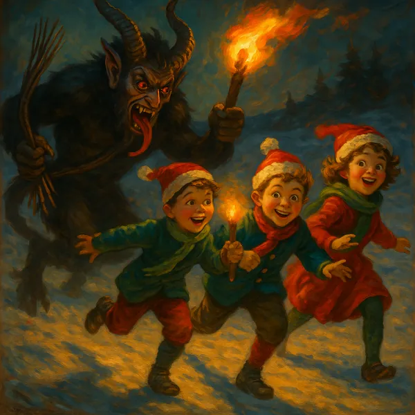 Discover a puzzle with three cheerful children in Santa hats running through a snowy night, torchlight glowing warmly against deep blue shadows as a horned, sha
