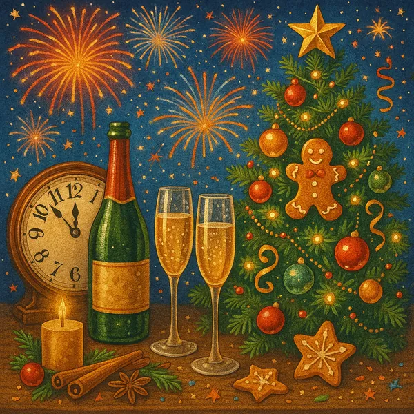Enjoy an online jigsaw puzzle designed for browser play, featuring a festive holiday scene that blends Christmas charm with New Year’s celebration.