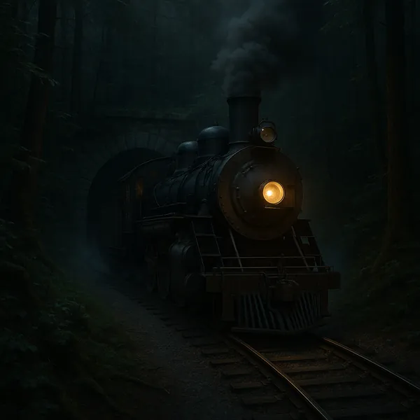 Enjoy assembling a puzzle depicting a vintage steam locomotive emerging from a dark forest tunnel on PuzzleFree.Game.