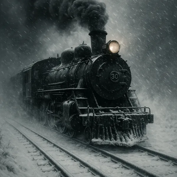 Discover a puzzle with a vintage steam locomotive barreling through a heavy winter snowstorm, its lone headlight cutting a warm, golden beam through swirling fl