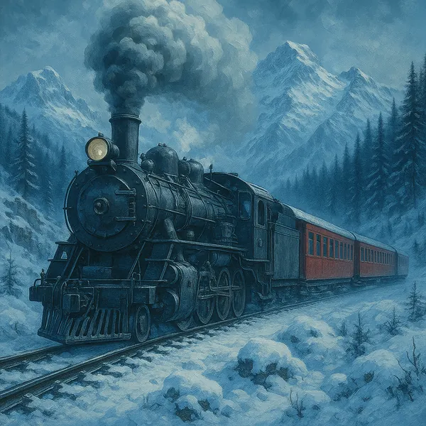 Discover a puzzle with a vintage steam locomotive steaming through a snowy mountain pass.