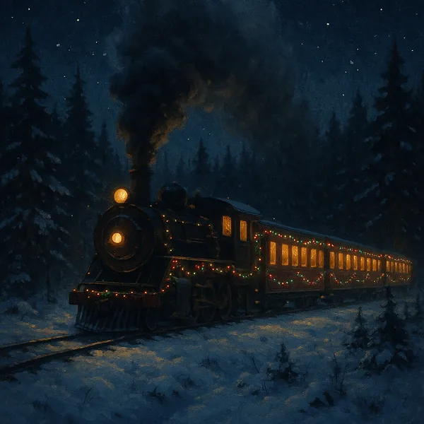 Enjoy an online jigsaw puzzle designed for browser play, featuring a festive steam train carrying warm lights through a snowy forest landscape.