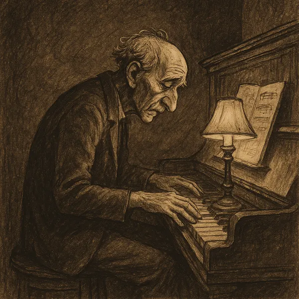 This online jigsaw puzzle features a tender, artistic portrait of an elderly man playing the piano, blending themes of music and classic illustration.