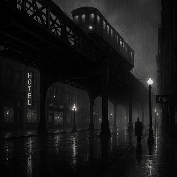 Discover a puzzle with a moody, vintage city scene: a black-and-white, rain-slick street beneath an elevated train, glowing lampposts and shop signs like "HOTEL