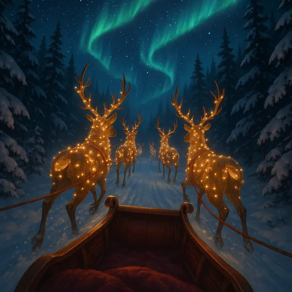 Enjoy an online jigsaw puzzle designed for browser play, featuring a magical winter scene of reindeer guiding a sleigh through a snowy forest.
