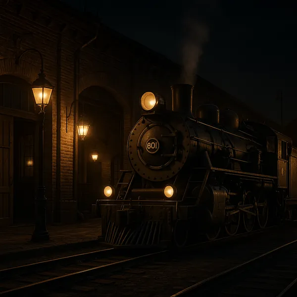 Discover a puzzle with a vintage steam train at a quiet night station, its brass and iron surfaces lit by warm amber lamplight against deep midnight shadows.