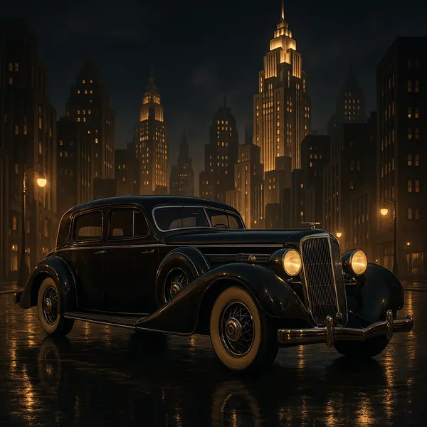 Discover a puzzle with a sleek vintage car parked on a rain-slick street against an art‑deco city skyline at night.