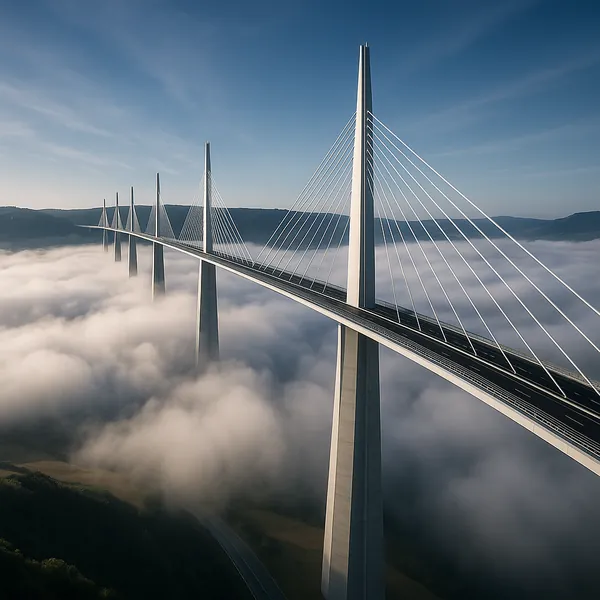 Discover a puzzle with a soaring cable-stayed bridge rising above a sea of soft morning clouds, captured in cool blues and gentle grays.
