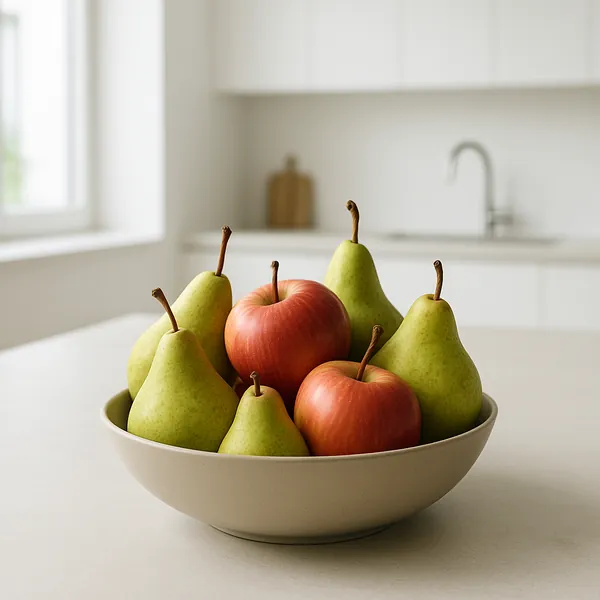 Enjoy an online jigsaw puzzle designed for browser play, featuring a simple still-life of fresh fruit on a kitchen counter.