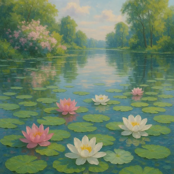 Discover a puzzle with a tranquil lakeside scene of pink and white water lilies floating among broad green pads beneath soft blue reflections.