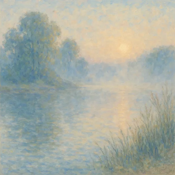 Discover a puzzle with a misty riverscape at sunrise, rendered in soft impressionist strokes that blend pale blues, gentle greens, and warm peachy light.