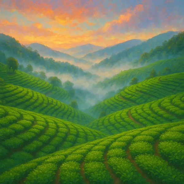 Discover a puzzle with a tranquil tea-plantation landscape: rolling terraced hills of vivid green arranged in repeating, curving rows that lead the eye into mis
