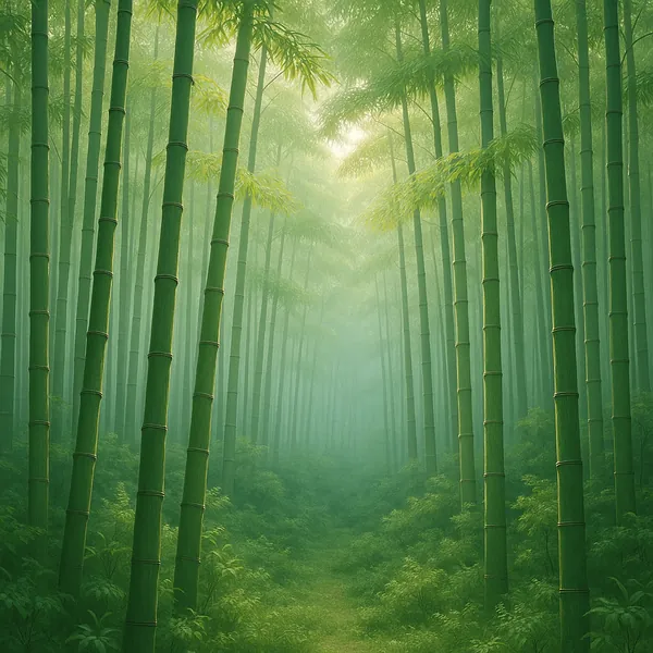 Discover a puzzle with a tranquil bamboo forest bathed in soft, misty green light.