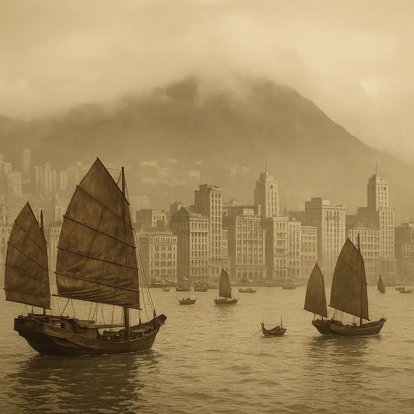 Discover a puzzle with sepia-toned vintage junks sailing gently across a misty harbor in front of a historic city skyline and a shrouded mountain.