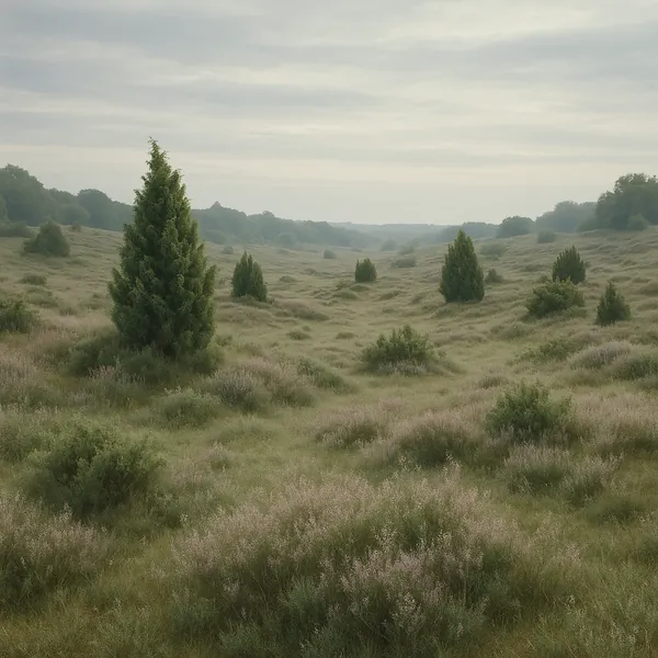 Discover a puzzle with a misty heathscape dotted with soft-green conifers and swathes of pale pink heather stretching toward a distant tree-lined horizon.