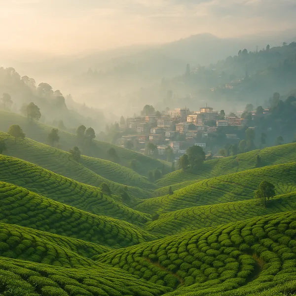Discover a puzzle with a misty hillscape of rolling green tea terraces and a small village tucked into the valley.