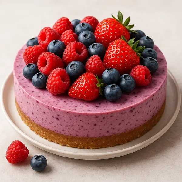Discover a puzzle with a close-up of a luscious berry cheesecake topped with ripe strawberries, plump raspberries, and glossy blueberries.