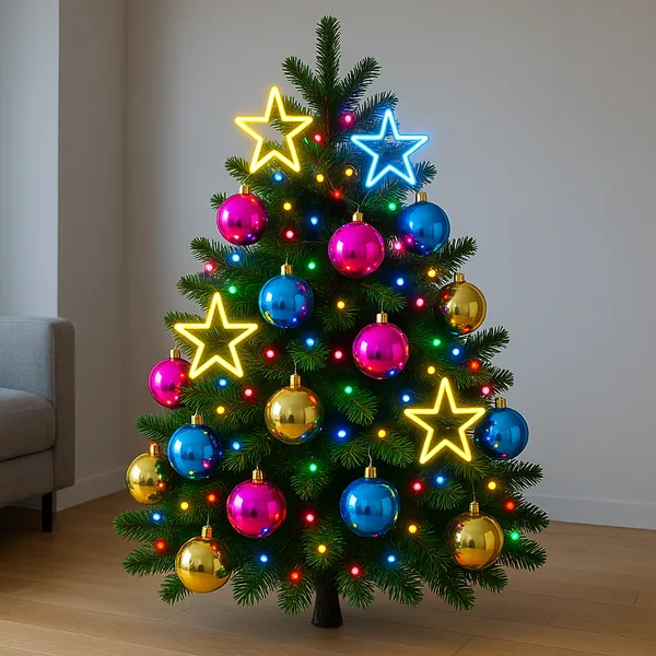 Enjoy an online jigsaw puzzle designed for browser play, featuring a festive Christmas tree decked with bright baubles and glowing star lights.