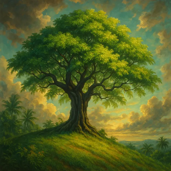 Discover a puzzle with a majestic lone tree standing on a sunlit hill under a sky of golden clouds.